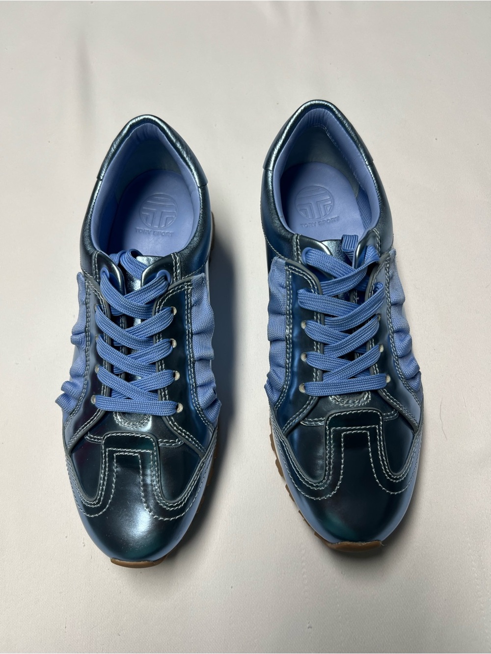 TORY SPORT by Tory Burch Metallic Light Blue Leather Ruffle Sneakers Wom's 7.5M